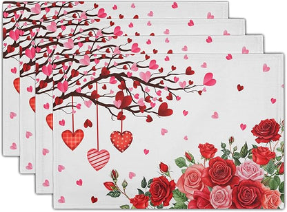 Giwawa Valentine's Day Placemats, Romantic Love Hearts Tree Branches Rose Floral Table Mat, Heat Stain Resistant Linen Place Mats for Kitchen Dining Wedding Anniversary Decor, 12"x18", Set of 4