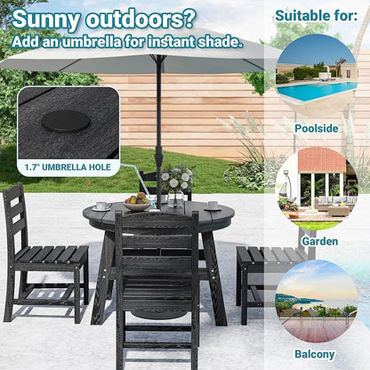 5 Piece Round Outdoor Dining Set, Relaxing HDPE Outdoor Table and Chairs with 105° Ergonomic Backrest, All-Weather Patio Table and Chairs Set with Umbrella Hole for Porch, Poolside, Black