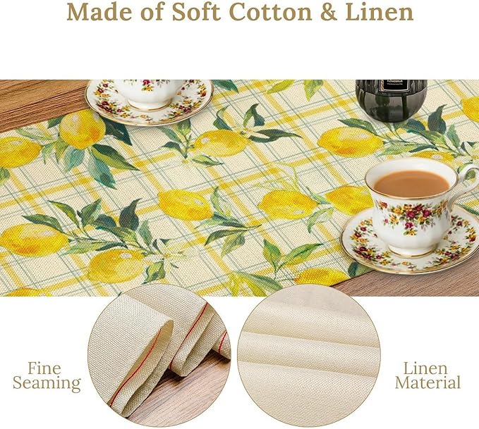 Yellow Plaid Lemon Table Runner Nature Watercolor Plant Countryside Farm Fruit Aesthetic Dining Table Decoration for Home Holiday Party Dresser Kitchen Cabin Restaurant Wedding Decor 13×120in