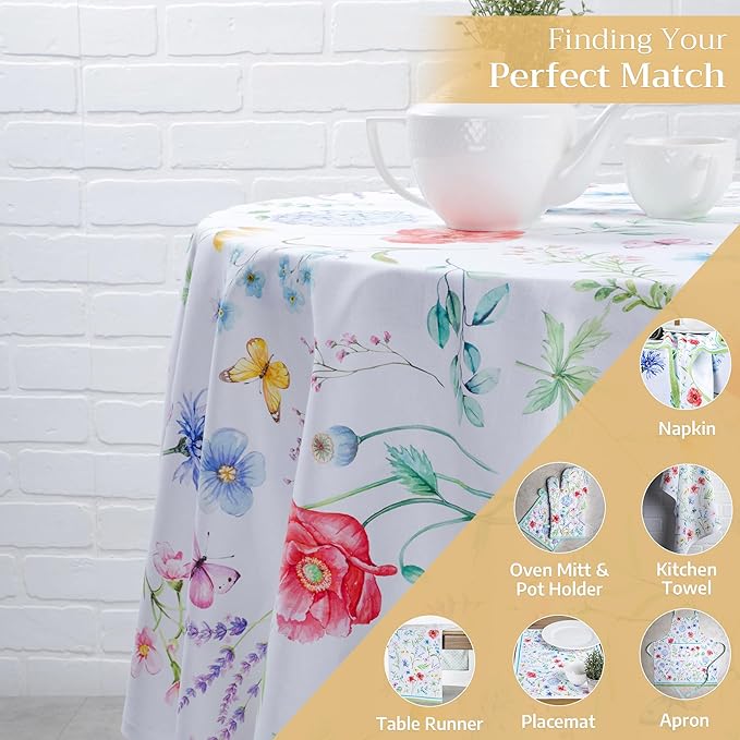 Maison d' Hermine Table Cloth Round Table 100% Cotton 63 Inches Tablecloth Reusable Decorative Everyday Use for Dining Room, Farmhouse, Home, Party, Festive & Wedding Spring Summer - Just Floral