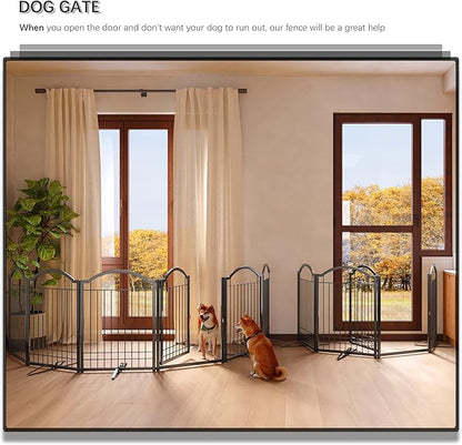 4NM Metal No Drilling Expandable Dog Gate, Extra Wide 96", Extra Tall 32" Free Standing Pet Gate with Door, Gates for Dogs Outdoor or Indoor, with 3PCS Support - Black