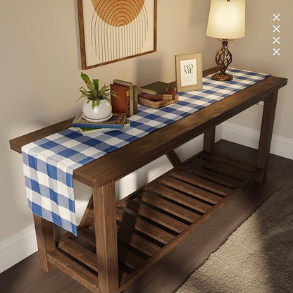 Encasa XO Cotton Dining Table Runner | Buffalo Blue Checks | Size 13x72 in - Machine Washable & Durable