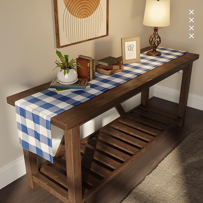 Encasa XO Cotton Dining Table Runner | Buffalo Blue Checks | Size 13x59 in - Machine Washable & Durable