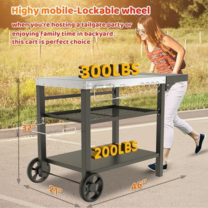 Outdoor Kitchen Island, Grill Table Cart with Drawer, Pizza Oven Stand, Movable 3-Shelf Prep Table with Side Table for Ninja Woodfire, Ooni Pizza Oven, Blackstone Griddle, Cuisinart, Barbecue tool set