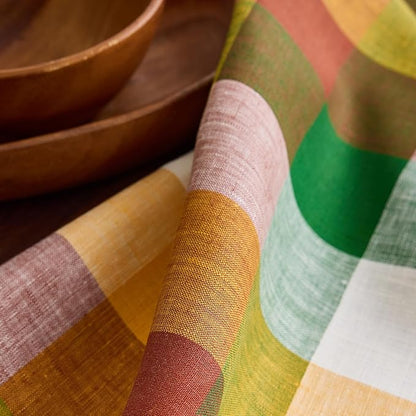 Solino Home Linen Checkered Table Runner 120 Inches Long - 100% Pure Linen Buffalo Check Fall Multicolor Table Runner 14 x 120 Inch Ideal for Dining