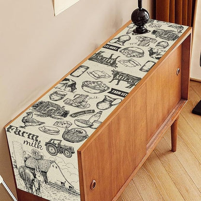 Farm Animals Table Runner, Rustic Farmhouse Rooster Cow Chicken Black Print Watercolor Coffee Table Center Decor for Home Kitchen Dining Patio Party Indoor Outdoor Table Decorations, 13" X 36"