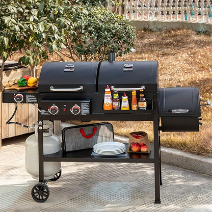 2-Burner Gas and Charcoal Combo Grill with Offset Smoker & Side Burner, 34,000 BTU Dual Fuel Grill, 1020 Sq. In. Cooking Area, Ideal for Outdoor Cooking, Black, ZH3005Y-SC