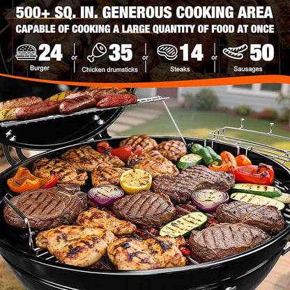 22 inch Premium Charcoal Grill, Kettle Barbecue and Smoker Grills 500+ Sq. In. Cooking Area for Outdoor BBQ, Tailgating and Patio, Black