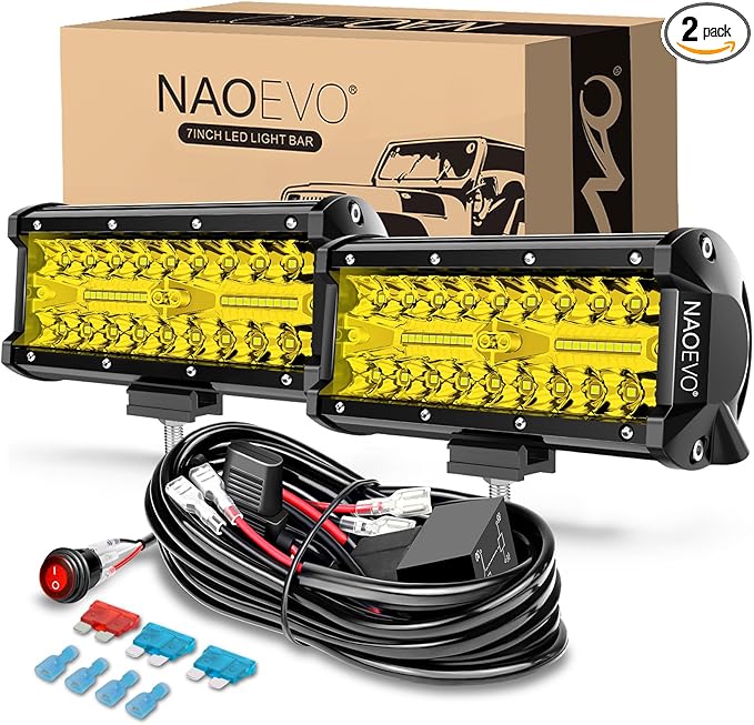 NAOEVO 7 Inch Yellow LED Light Bar, 240W 24,000LM Offroad Fog/Driving Lights LED Pods with 2 Leads Wiring Harness Kit, Spot & Flood Work for Truck Boat UTV ATV, 2-Pack (Yellow)