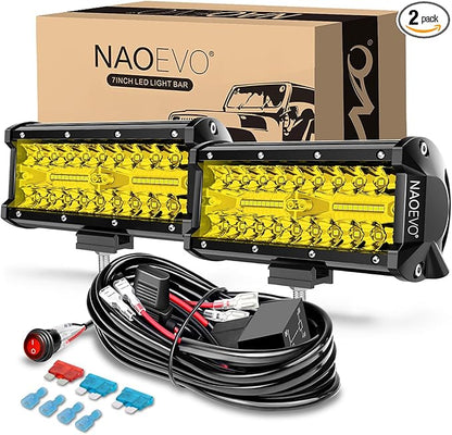 NAOEVO 7 Inch Yellow LED Light Bar, 240W 24,000LM Offroad Fog/Driving Lights LED Pods with 2 Leads Wiring Harness Kit, Spot & Flood Work for Truck Boat UTV ATV, 2-Pack (Yellow)