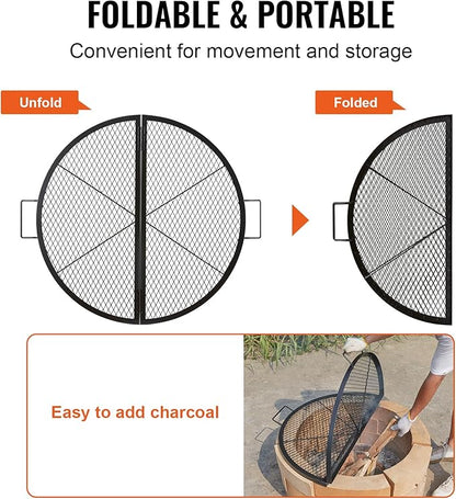 VEVOR X-Marks Fire Pit Grill Grate, Foldable Round Cooking Grate, Heavy Duty Steel Campfire BBQ Grill Grid with Handle and Support X Wire, Portable Camping Cookware for Outside Party, 36 Inch Black