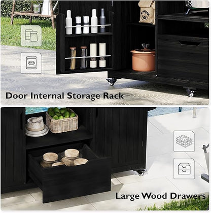 Merax 66.5" Outdoor Grill Table for Big Green Egg, Farmhouse Kitchen Island on Wheels with Stainless Steel Tabletop, Drawer and Spice Rack, Solid Wood Outdoor Storage Cabinet for Backyard, Black