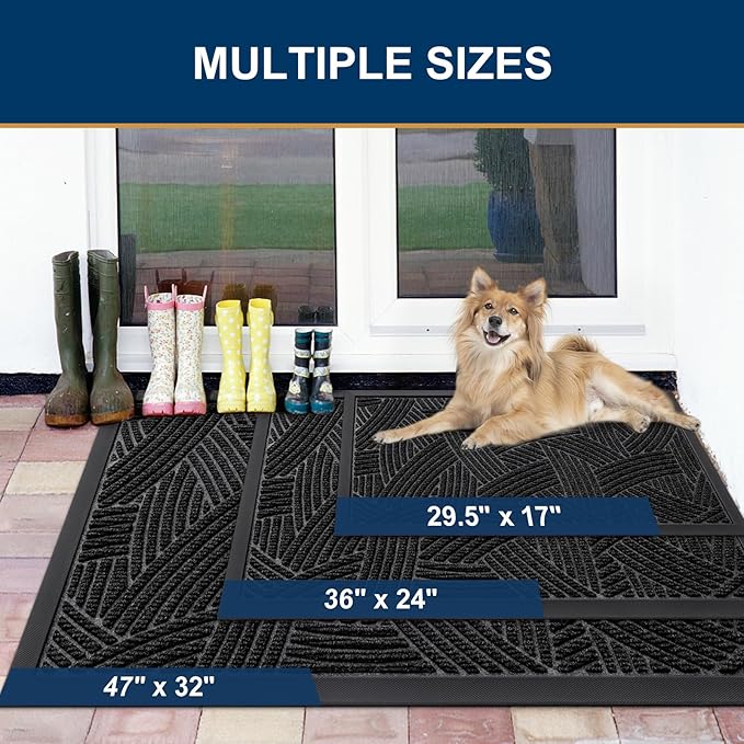 Smiry Front Door Mat Outside Entrance, Heavy Duty Sturdy Natural Rubber Doormat, Trap Dirt and Moisture, Easy Clean Low Profile Mats for Indoor Outdoor Entry, Interwoven Stripes (36x24, Black)