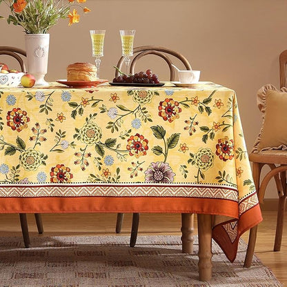 Vintage Linen Tablecloth for Rectangle Table,Yellow Floral French Wrinkle Free Extra Long Tablecloths,Decor Table Cover for Kitchen,Dining,Thanksgiving,Farmhouse,63" × 110"-Bellano