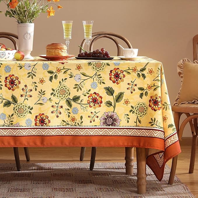 Vintage Linen Tablecloth for Rectangle Table,Yellow Floral French Wrinkle Free Tablecloths,Decorative Table Cover for Kitchen,Dining,Thanksgiving,Party,Farmhouse,55" × 87"-Bellano