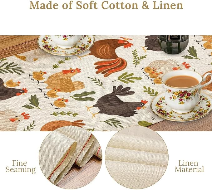 Cute Roosters Chickens Table Runners, Rustic Farm Animals Hen Table Runner for Farmhouse Wedding Coffee Dining Table Party Home 13x60in