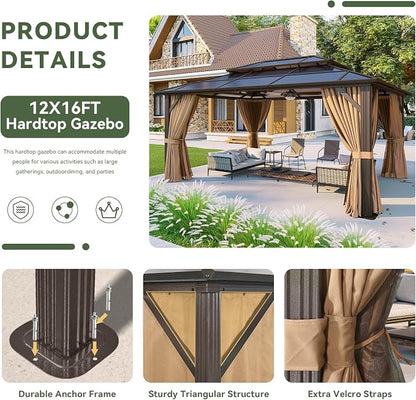 Aoxun 12'x16' Gazebo with Polycarbonate Double Roof, Light Brown | Metal Frame - Image 5