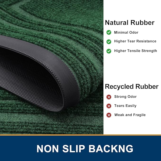 Buganda Front Door Mat Indoor Outdoor Entrance, Non-Slip Natural Rubber Doormats, Easy Clean, Low Profile, Dirt Trapper Entryway Floor Mats for Outside, Garages and Patios, 47x32, Green