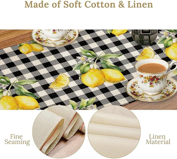 Fresh Lemon Table Runner, Yellow Lemon Black White Buffalo Check Plaid Table Runner for Farmhouse Coffee Home Kitchen Dining 13x70in