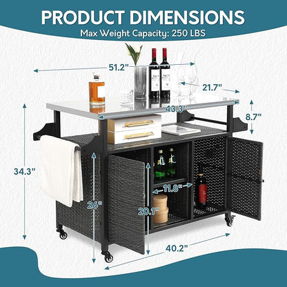 Outdoor Wicker Grill Cart with Storage Cabinet, Outdoor Moveable Bar with Rolling Wheels, Patio Prep Table with Wicker Cabinet, Kitchen Buffet Cabinet with Island, Grey