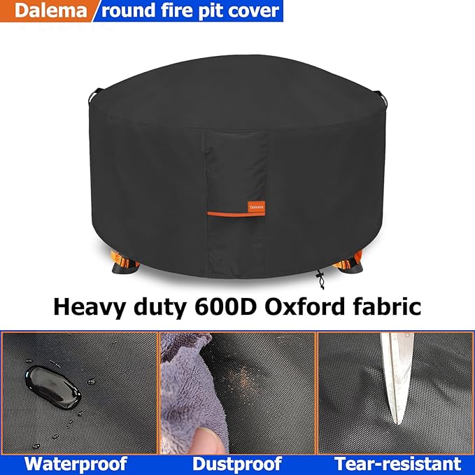 Fire Pit Cover,Outdoor Heavy Duty 600D 100% Waterproof Fire Pit Cover Round,Weatherproof Firepit Covers Round 50" Dia x 24" H,Black