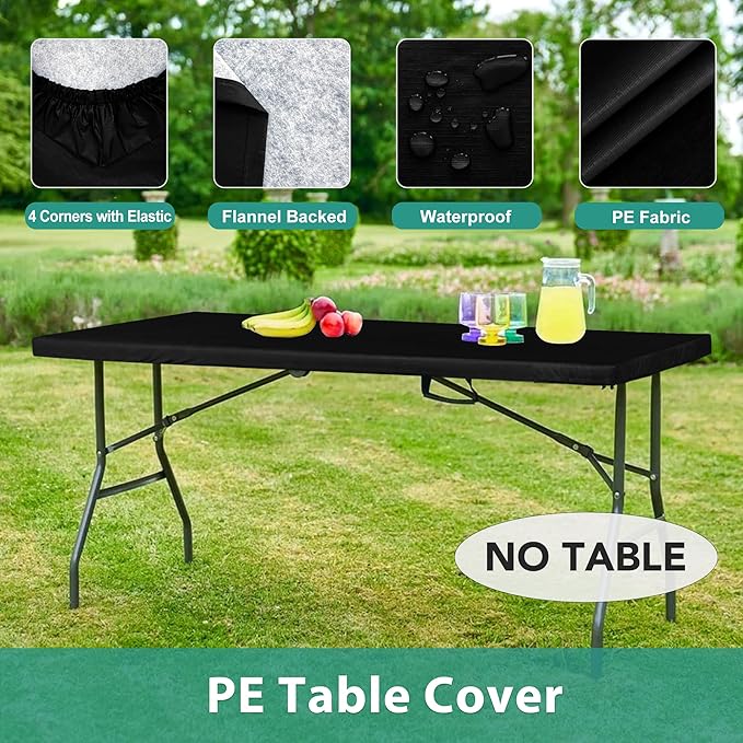 LUSHVIDA 6 Packs Vinyl Tablecloths with Flannel Backing for 4ft Rectangle Folding Table Cloths - Waterproof Plastic Picnic Table Covers with Elastic Corners, 30x48 inch, Black