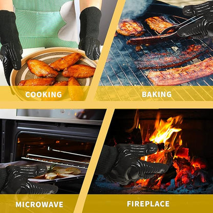 BBQ Gloves, 1472°F Heat Resistant Gloves Fireproof Mitts, Grilling Gloves Silicone Non-Slip Washable Oven Glove, Kitchen Glove for Barbecue, Grilling, Cooking, Baking, Camping, Smoker (Black)