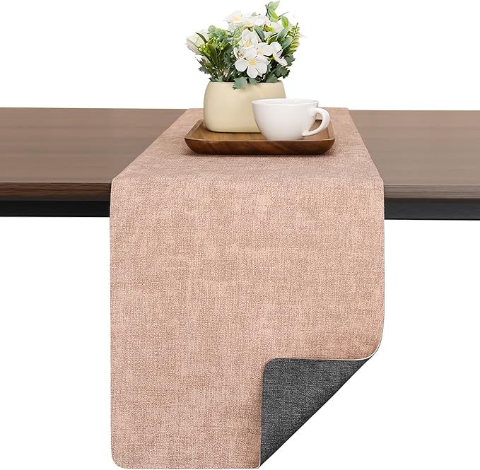 Table Runners 94 Inches Long, Dual-Sided Faux Leather Farmhouse Table Runner Waterproof Heatproof Non-Slip for Living Room Party Home Decor Holiday Decorations(Gray Pink, 12 x 94 Inch)