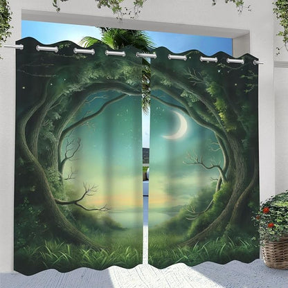 Forest Theme Waterproof Indoor/Outdoor Curtains,Trees Moon Lake Pattern,Weatherproof Outside Curtain for Cabana, Porch, Pergola and Gazebo,2 Panel,54 x 96 inch,Green