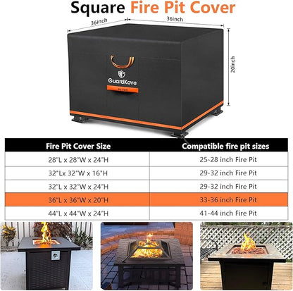 [Upgraded 1000D Heavy Duty Fabric] 36” Fire Pit Cover Square for 33”- 36” Fire Pit/Table, Waterproof Tear & Fade Resistant Firepit Cover with Buckle, Air Vents, Drawstring (36”L x 36”W x 20”H, Black)