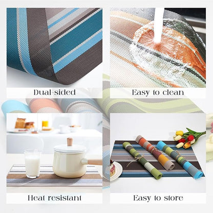 Set of 6 Colorful Striped Vinyl Placemats Heat-Resistant Washable Placemats Non-Slip Woven Table Mats Wipeable Placemat for Kitchen Dining Table Decoration Indoor Outdoor (Ocean Blue)