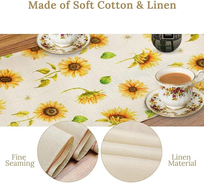 Yellow Sunflower Table Runner, Seasonal Spring Summer Flowers Table Decor for Kitchen Dining Room Coffee Holiday Kitchen Dining 13x70in