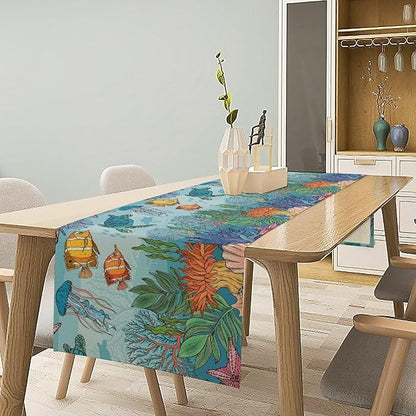Coastal Table Runner, Ocean Nautical Coral Starfish Seashell Sea Turtle Table Runner for Dining Table Kitchen Party Picnic Home 13x90in