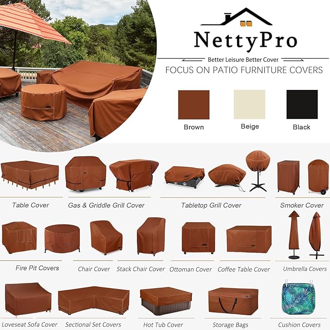 NettyPro Patio Table Cover Rectangle 125 x 84 Inches, 600D Heavy Duty Waterproof Outdoor Furniture Covers for Dining Table and Chair Rectangular, Brown