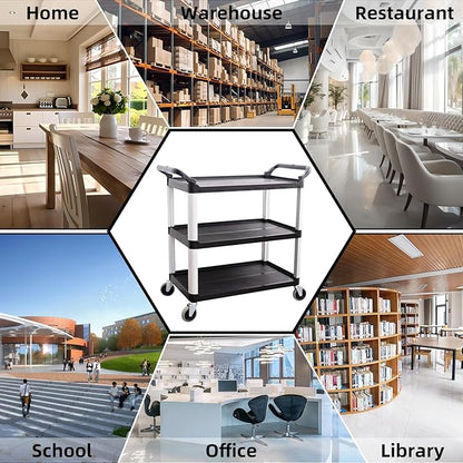 Matthew Plastic Large Utility Carts with Wheels,Heavy Duty 400lbs Capacity Rolling Service Cart,3-Tier Restaurant Food Cart with Hammer for Office,Warehouse,Garage - 2 Handles Black 41"H x 38"W x 20"D