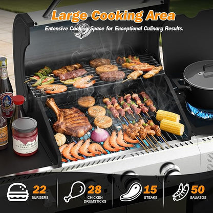 3-Burner Propane Gas BBQ Grill with Side Burner,Stainless Steel Gas Grill with Cast Iron Grates,37000 BTU Barbecue Grill, Suitable for Outdoor Cooking,Camping,Patio Backyard