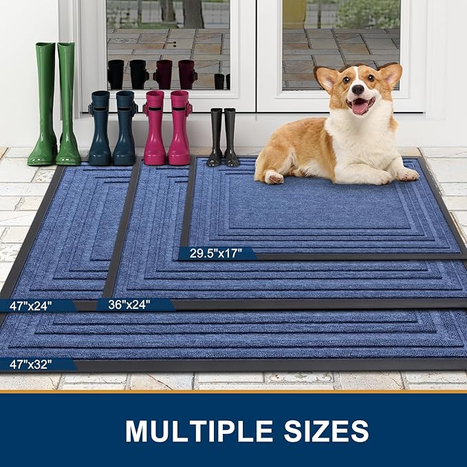 Buganda Front Door Mat Indoor Outdoor Entrance, Non-Slip Natural Rubber Doormats, Easy Clean, Low Profile, Dirt Trapper Entryway Floor Mats for Outside, Garages and Patios, 47x32, Blue