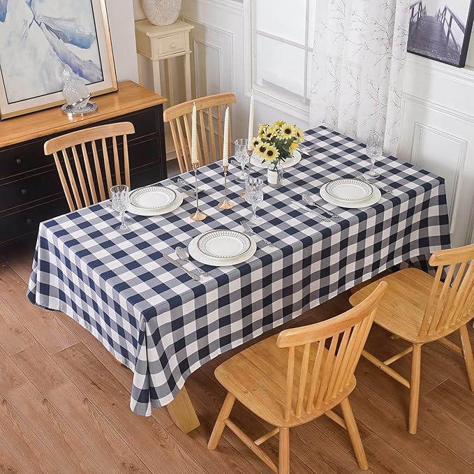 Cupuamon 2 Pack Waterproof Polyester Fabic Rectangle Checkered Tablecloth，60x120 Outdoor Table Cloth，Oil Stain Prevention Table Cloth for Pinics and Parties（Navy and White）