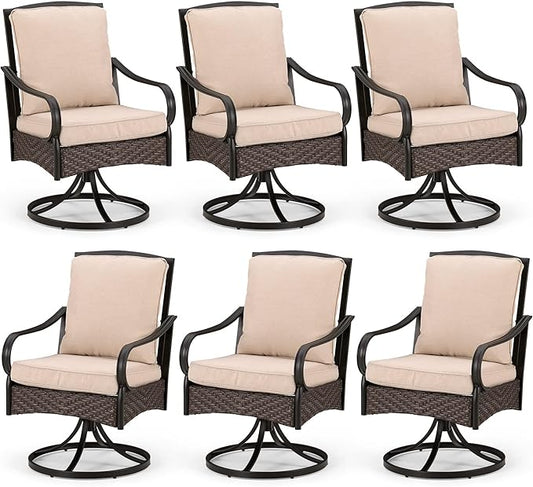 PHI VILLA Patio Swivel Chairs Set of 6, Heavy Duty Outdoor Metal Wicker Dining Chair with Thickened Cushions, Large All Weather Wrought Iron Deck Chair Lawn Furniture Support 300lbs