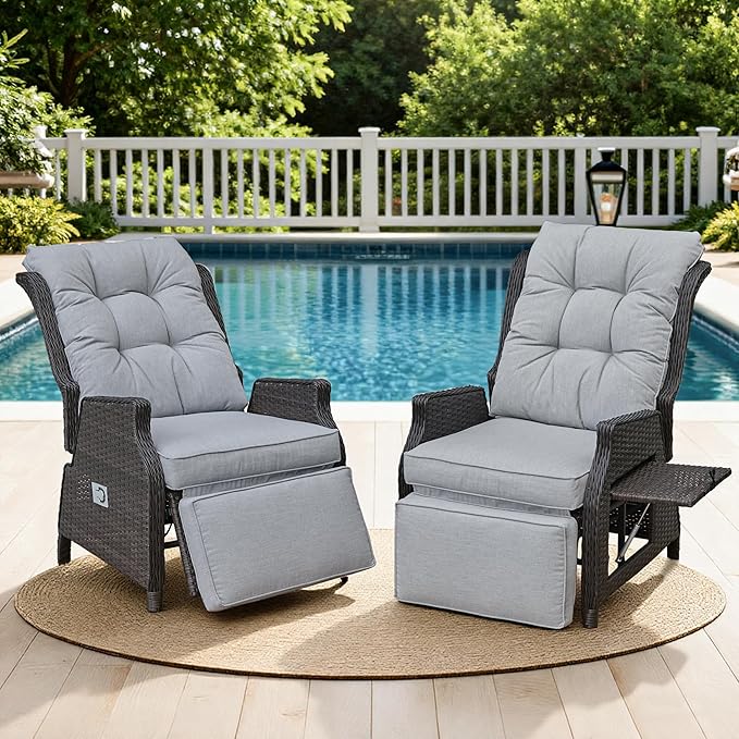 2 Pieces Outdoor Recliner with Adjustable Backrest and Footrest, Light Grey | by COMLAXFIELD