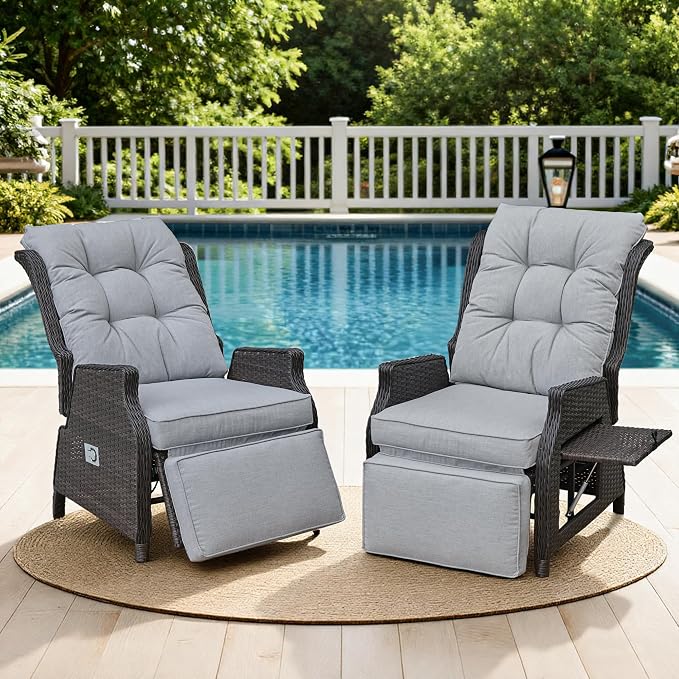 Outdoor Recliner with Adjustable Back and Footrest, Light Grey | Wicker - Image 8