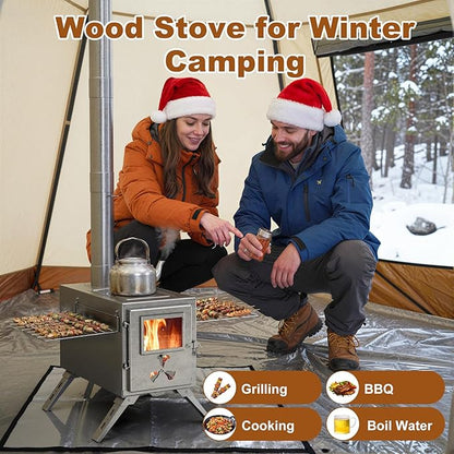 Hot Tent Stove, Camping Wood Burning Stove with 7 Stainless Chimney Pipes and Anti-Spark, Small Camping Wood Stove for Outdoor Heating, Cooking, Ice Fishing, Hunting