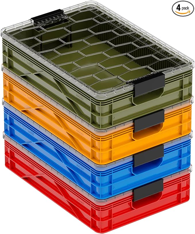 SIDIO Quarter Crate 4 Pack of Stackable Storage Bins - Organizer Bins with Dividers for Garage Organization, Home Storage - Heavy Duty Plastic Containers - 19.16” x 12.75”x 4.57” (Utility)