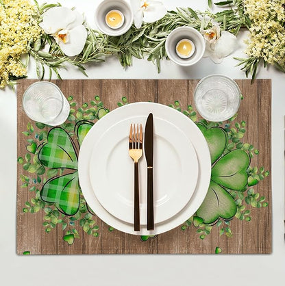 St Patricks Day Eucalyptus Leaves Placemats Set of 4, 12x18 Inch St Patrick Wooden Plank Dining Table Placemats Shamrock Spring Washable Heat Resistance Table Mats for Kitchen Dining Decor