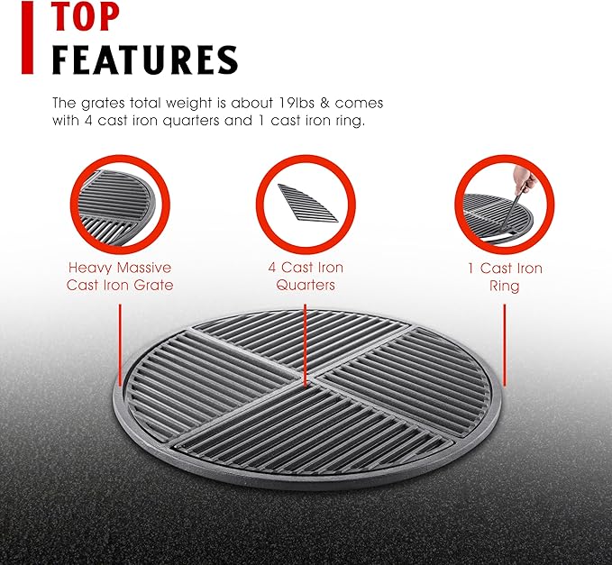 Pre-Seasoned Modular Cast Iron Grate, Fits 22.5" Kettle Grills Like Weber and SnS Grills Heavy-Duty 19 lb Grate for Superior Heat Retention & Versatile Cooking