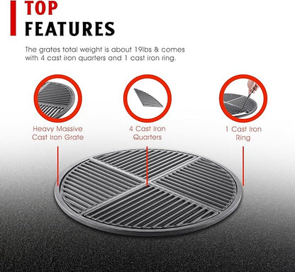 Pre-Seasoned Modular Cast Iron Grate, Fits 22.5" Kettle Grills Like Weber and SnS Grills Heavy-Duty 19 lb Grate for Superior Heat Retention & Versatile Cooking