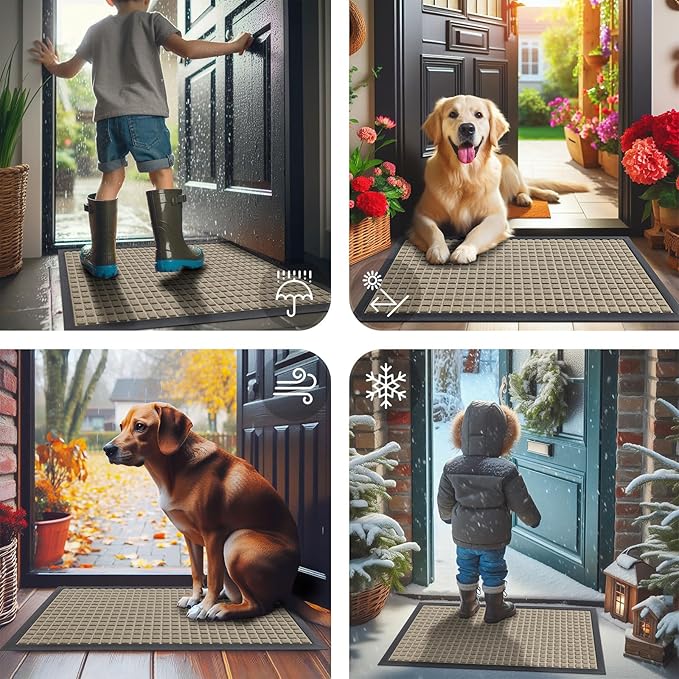 Smiry Front Door Mat Outside Entrance, Heavy Duty Natural Rubber Doormat, Non Slip, Trap Dirt and Moisture, Easy Clean, Low Profile Welcome Floor Mats for Indoor Outdoor Entry, 35x23 Inch, Beige