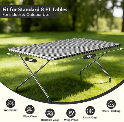 Rectangle Picnic Table Cloth, Elastic Waterproof Fitted Vinyl Tablecloths for 8 Foot Tables, Wipeable Flannel Backed Table Covers for Dining, Camping, Outdoor(Black Plaid,30"x96")