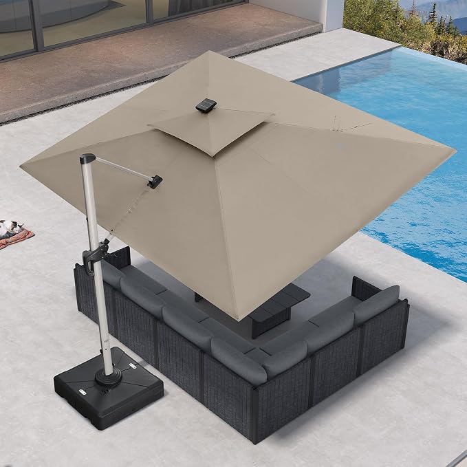 PURPLE LEAF Cantilever Umbrella 9' X 12' Double Top LED Light, Deep Beige | 7 - Image 2