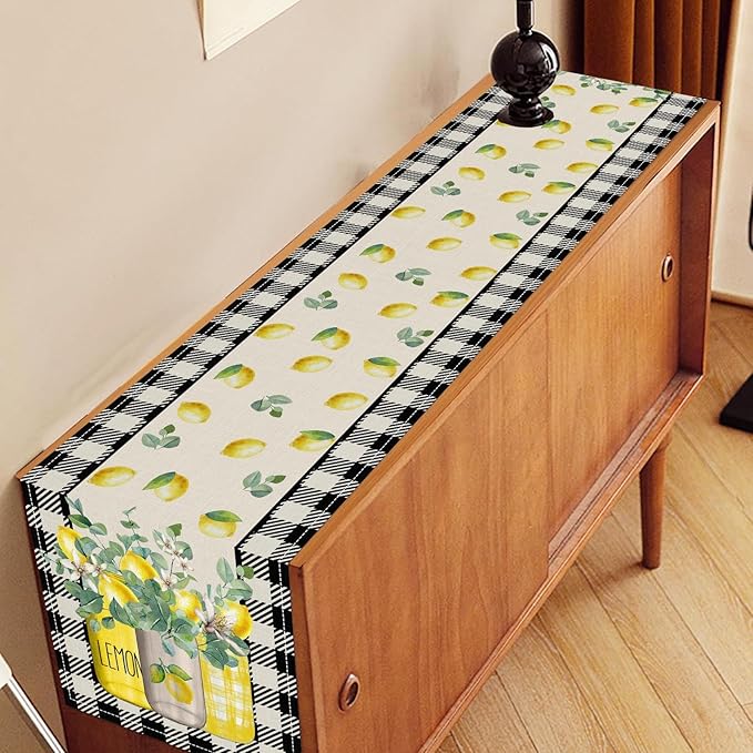 Lemon Table Runner, Farmhouse Black Buffalo Plaid Seasonal Summer Spring Fruits Lemon Coffee Table Center Decor for Home Kitchen Dining Party Patio Indoor Outdoor Table Decorations, 13"x72" Inch